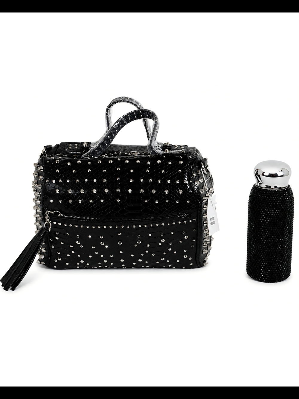 Brand New Black Studded Satchel Bag with Tassel & Black Sequined Flask